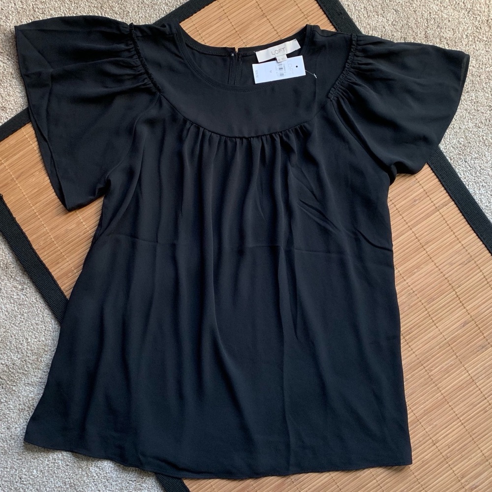 NWT Loft Black Short Ruffles Sleeve Blouse